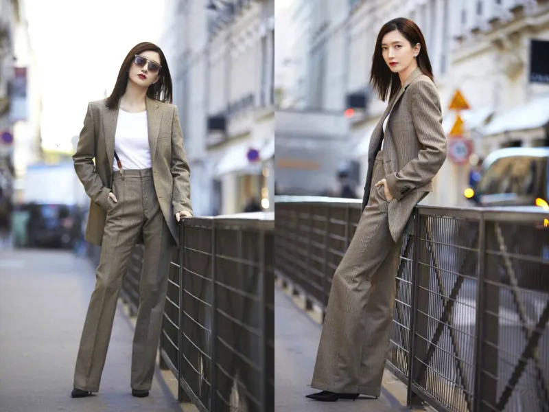 2. Jiang Shuying striped suit is handsome but feminine. JPG