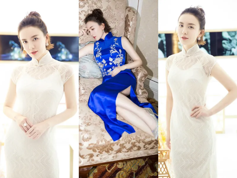 3. Jiarong Lv white lace cheongsam is pure and graceful. JPG